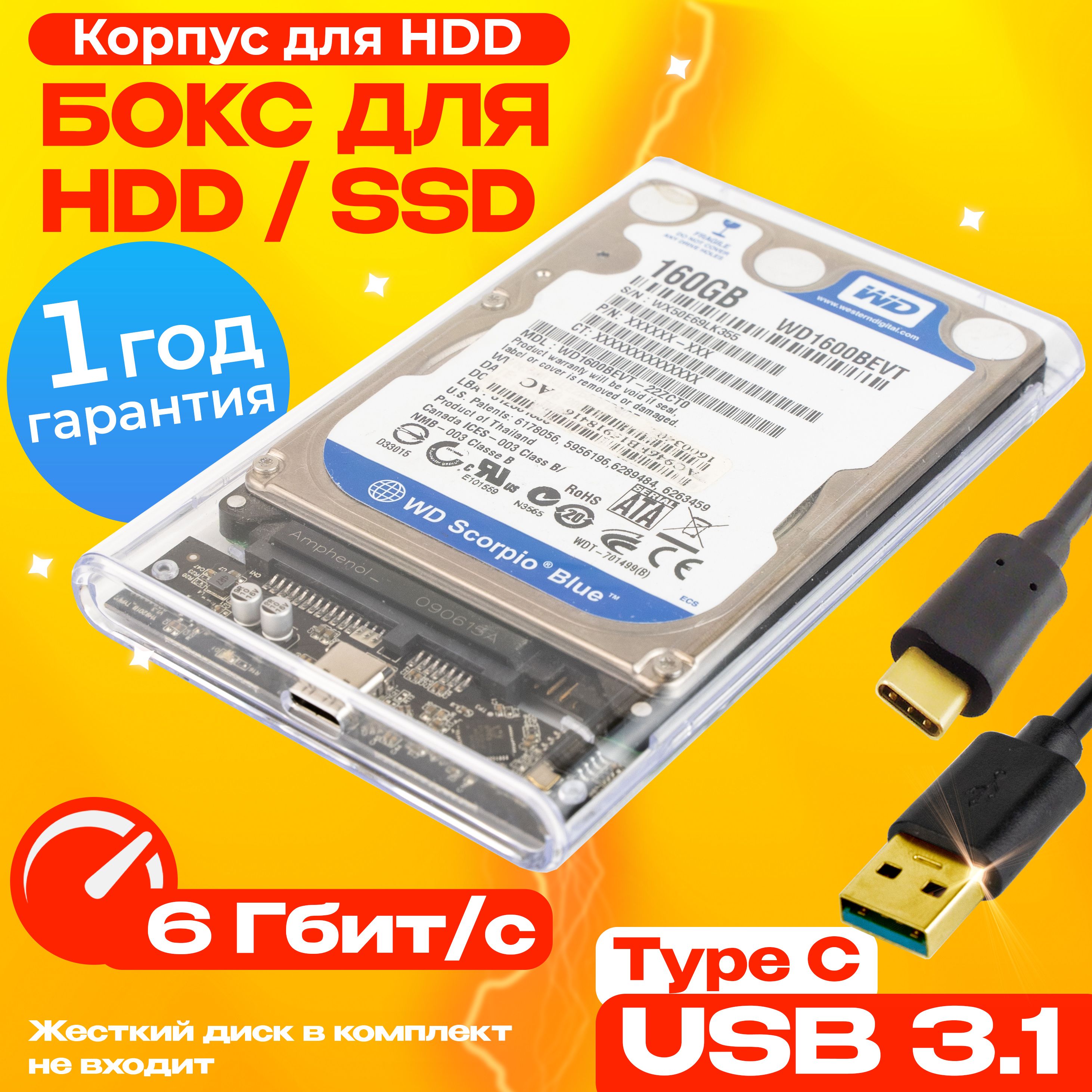 Внешнийкорпусдляжесткогодиска2.5"USBtypeC3.1/Боксдляhdd/ssdпрозрачный