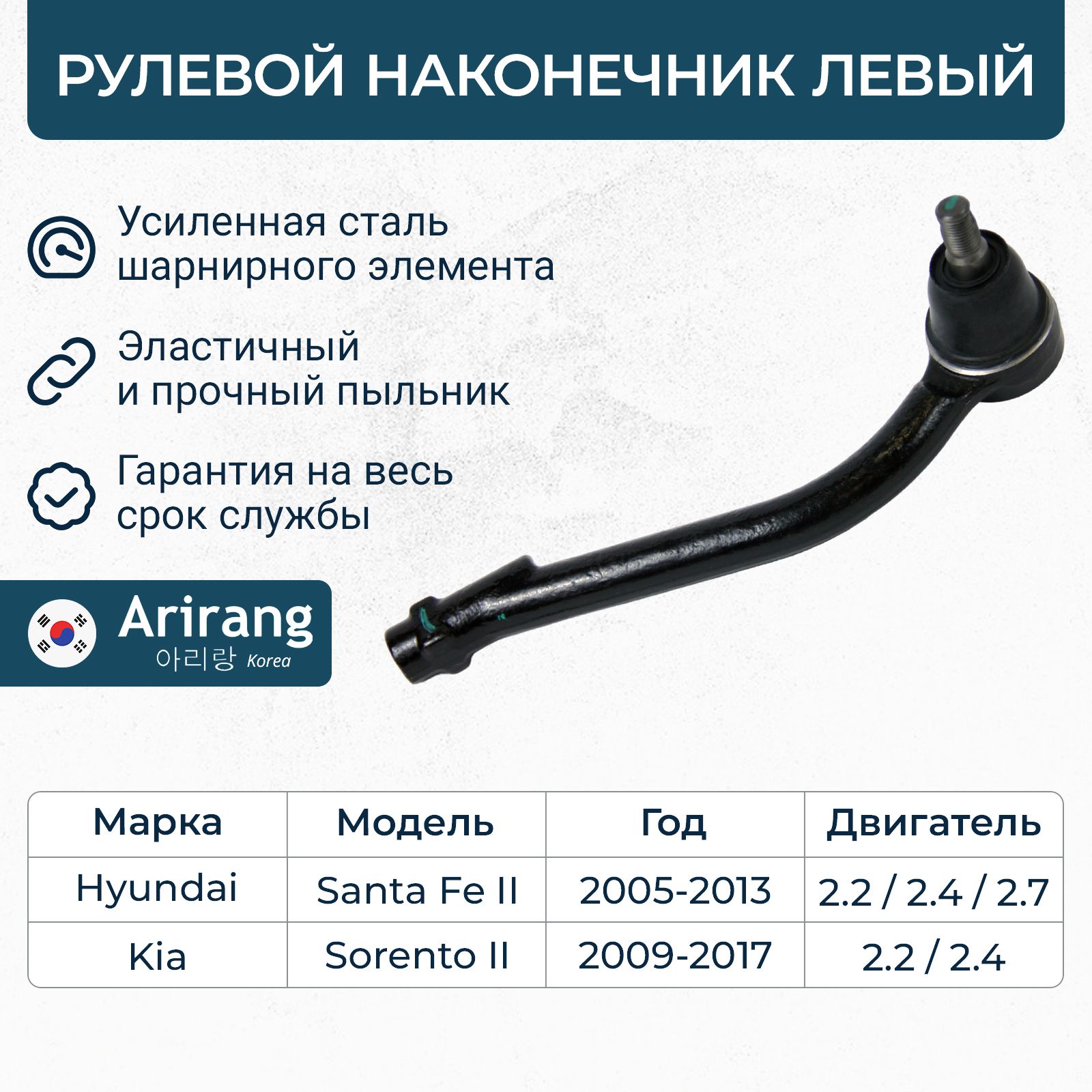 Наконечник рулевой левый Hyundai Santa Fe 2, Kia Sorento 2 / OEM 568202B000