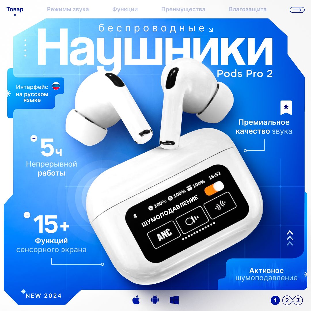 НаушникибеспроводныеA.PODSPro2AIRTYPE-CcэкраномсшумоподавлениеммикрофономиэкраномBluetooth,белый