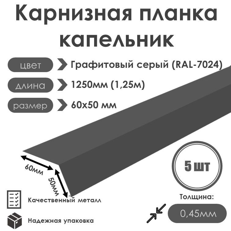 Карнизная планка(капельник) для кровли 60х50 длина 1250 мм (5 шт) RAL 7024 (Графитовый Серый)