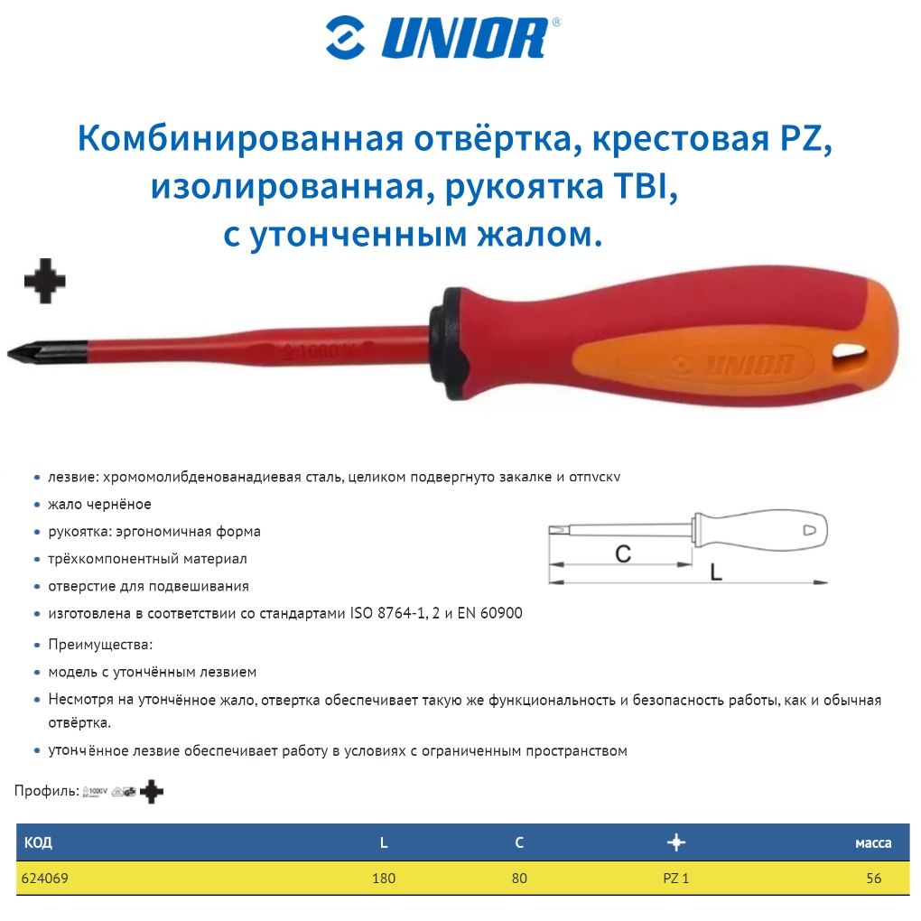 КомбинированнаяотвёрткакрестоваяUNIORPZизолированная,рукояткаTBI,сутонченнымжаломPZ1х80