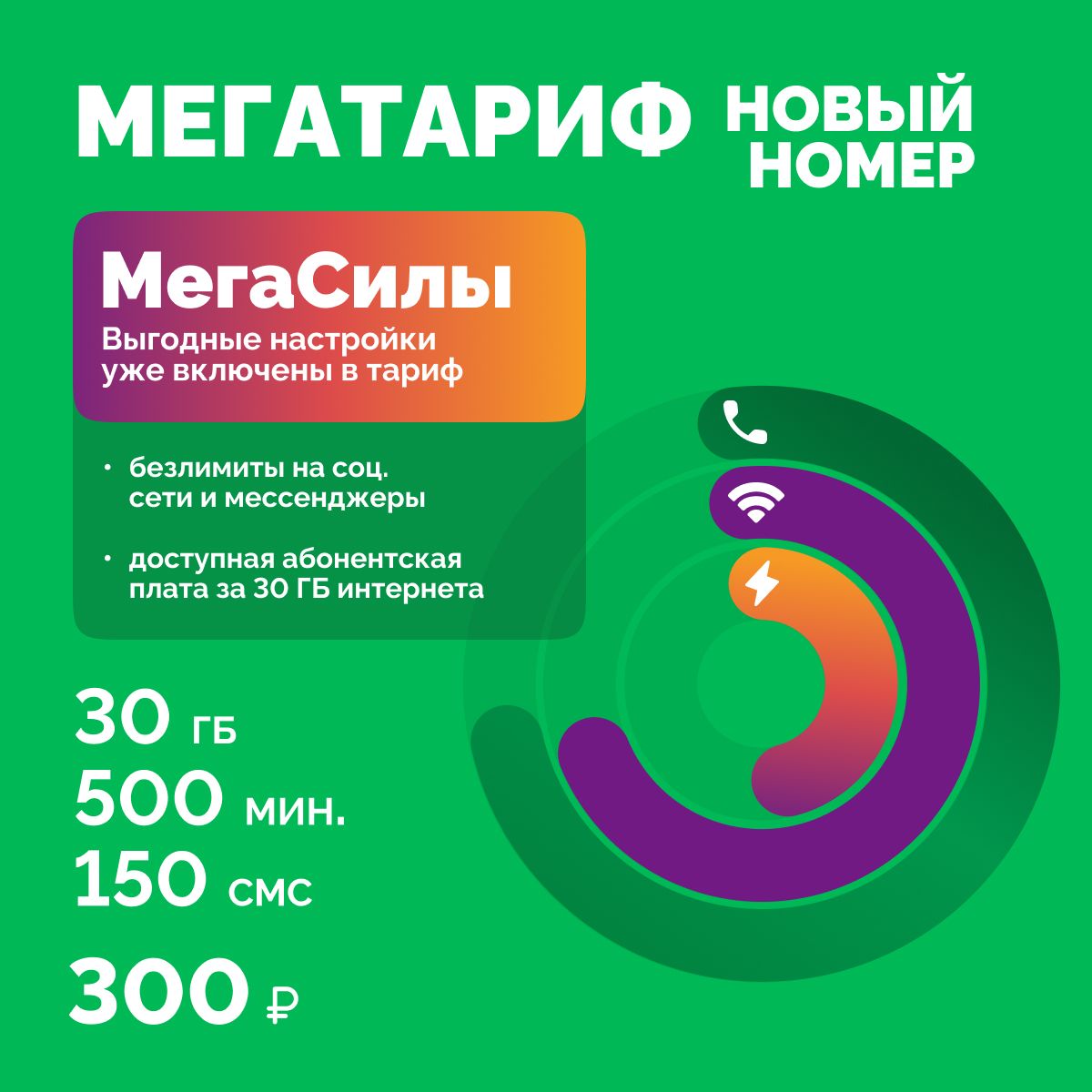 SIM-картановыйномерМегаФонвыгодныйнепубличныйтарифза300руб.вмесяц:500минут,30ГБ.ДействуетповсейРоссии.