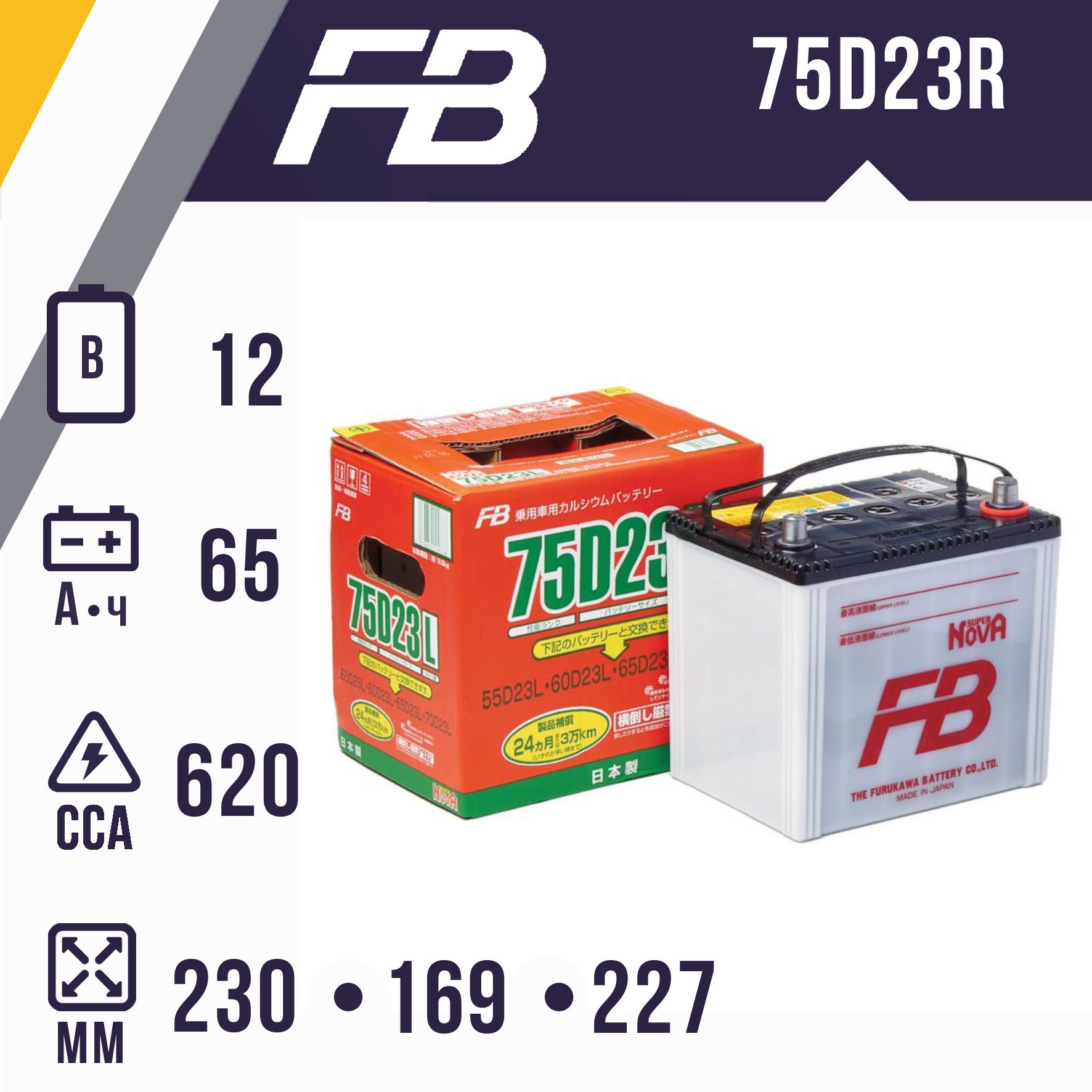 Аккумулятор автомобильный FURUKAWA BATTERY SUPER NOVA 75D23R пр.полярность 65A ч 620A (230x169x227)