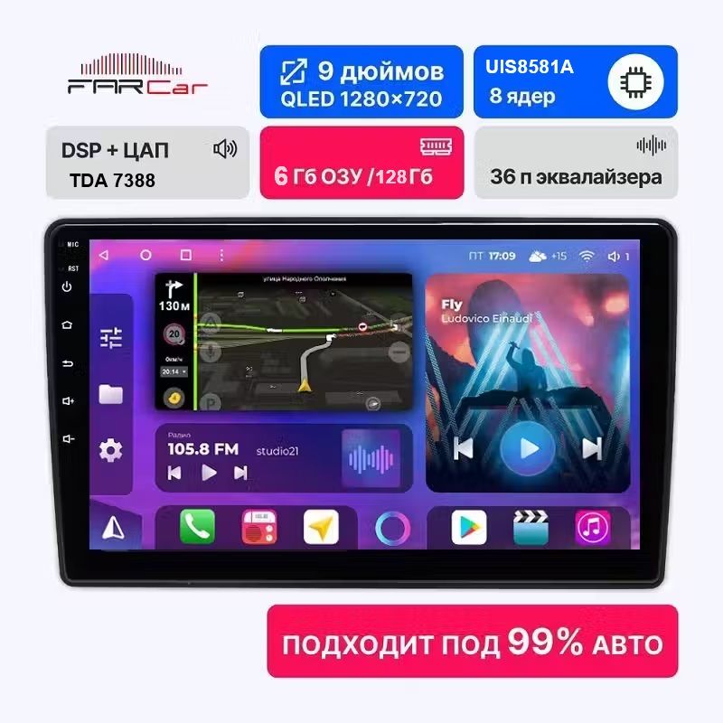 АвтомагнитолаFarCar9дюймов6/128ГБ(безпереходнойрамки!)Android13,8-ядерныйпроцессор,QLEDэкрансразрешением1280*720,4Gмодем,чип-усилительTDA7388,радиочипTDA7708