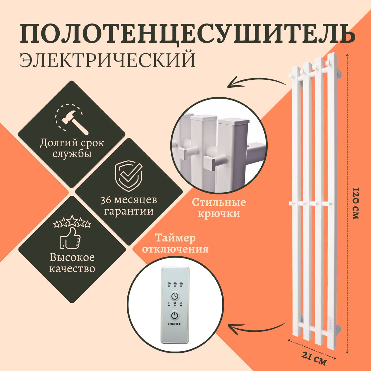 Полотенцесушительэлектрическийбелый,размер120х21смМаргроид,квадратнаятруба