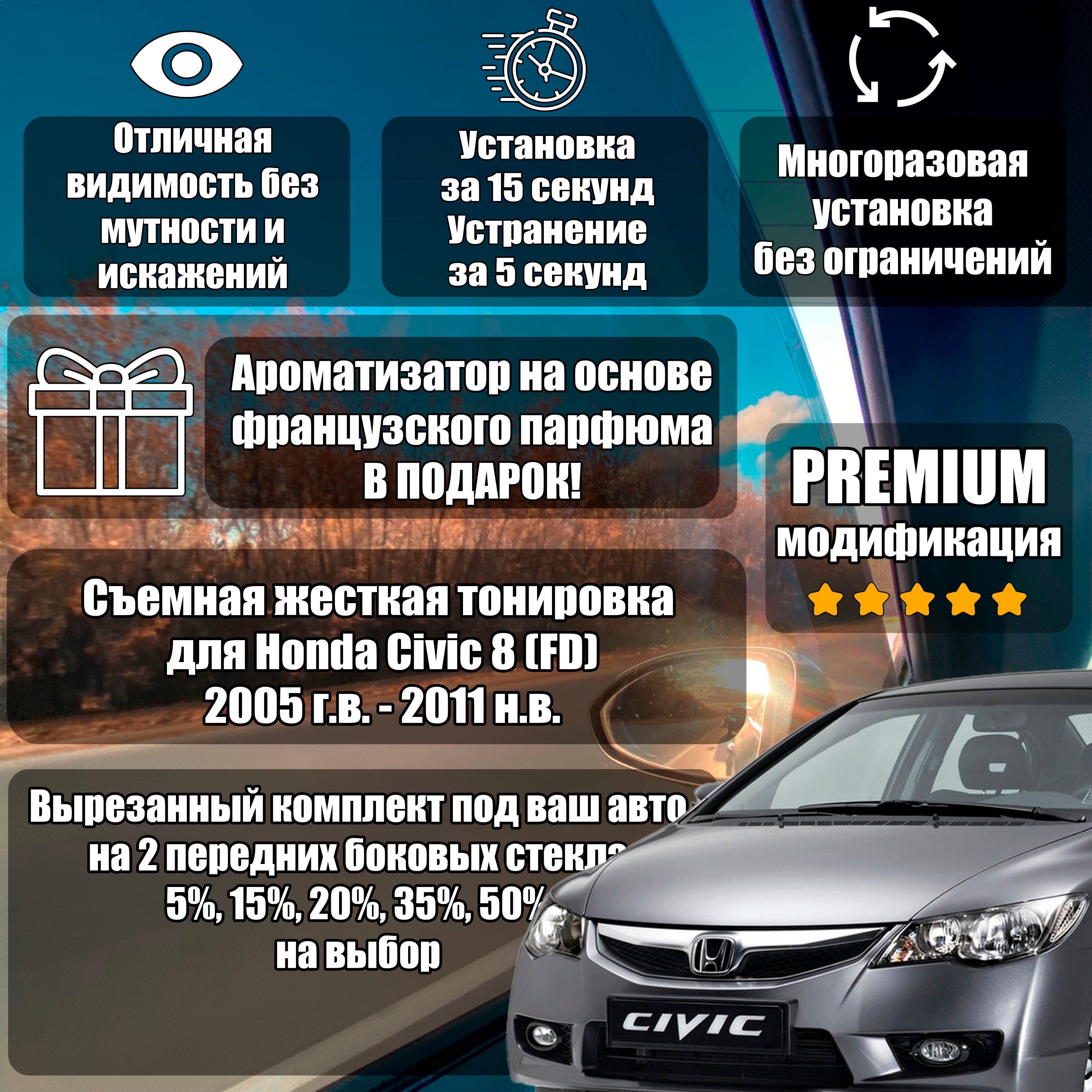 PREMIUM / Жесткая тонировка для Honda Civic 8 4D (2005-2011) 4 дв. FD 15%/ ПРЕМИУМ Съемная тонировка Хонда Цивик 8 4Д Хонда Сивик 8 4Д /Honda Civic 8 4D FD 15%