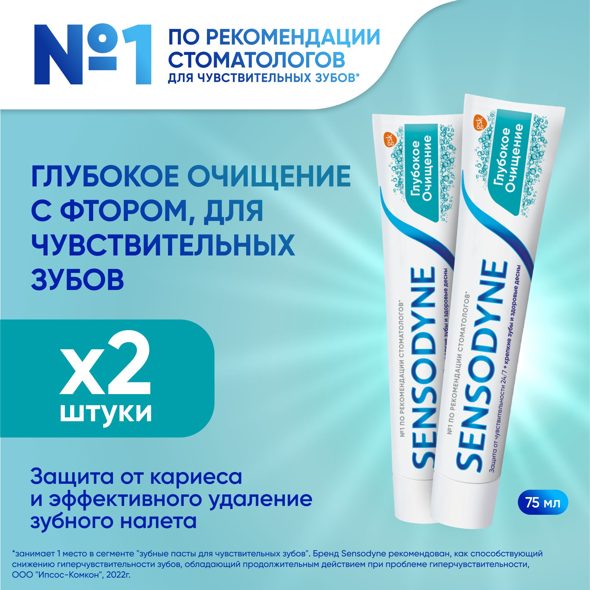 Зубная паста Sensodyne Глубокое Очищение для чувствительных зубов с фтором, для снижения чувствительности зубов, защиты от кариеса и эффективного удаление зубного налета, 75 мл, 2 шт