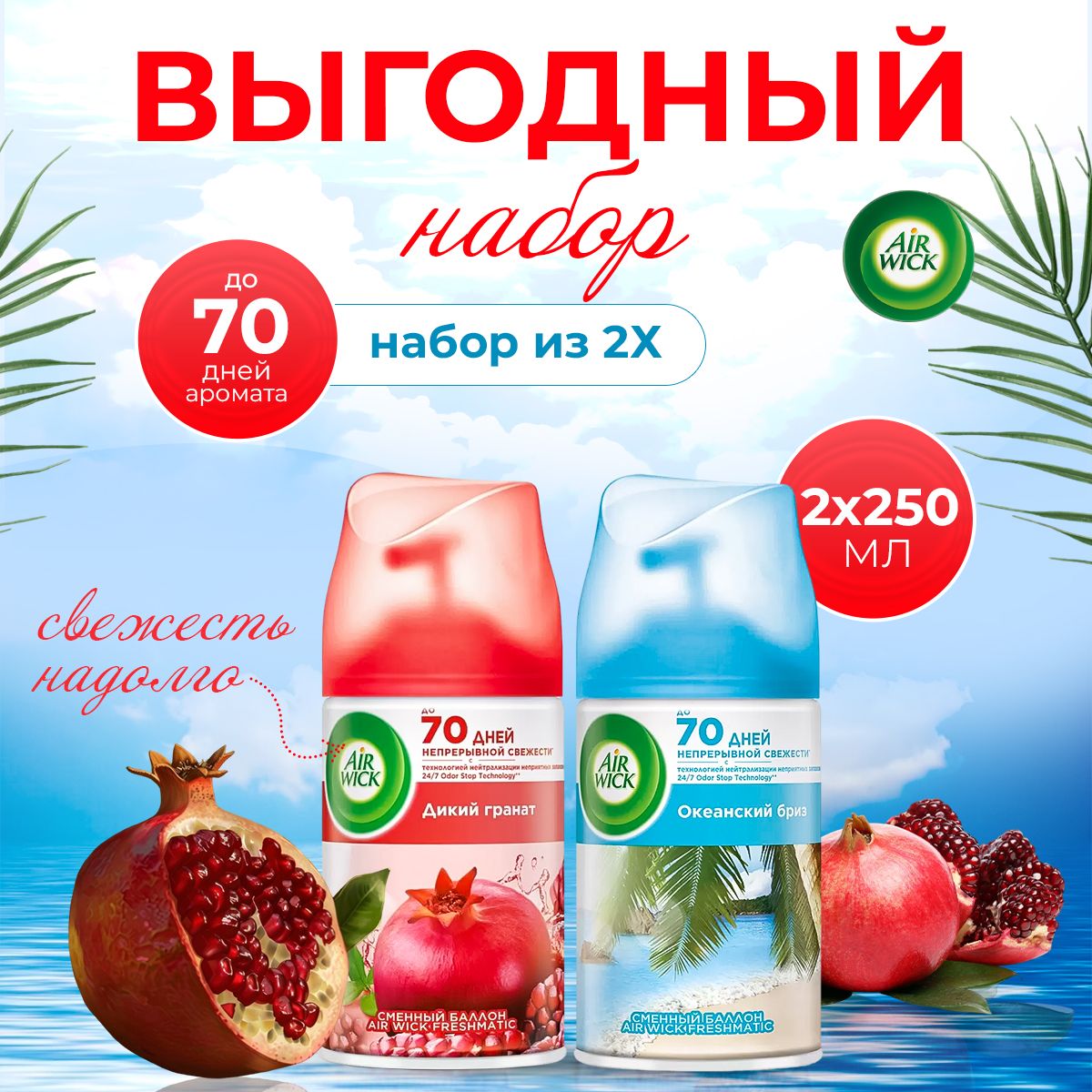 ОсвежительвоздухаAirWickЭрвикгранатиокеан,сменныйбаллон2штукипо250мл