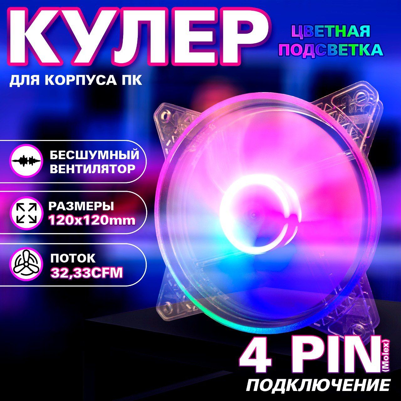 Вентилятор для корпуса компьютера RGB разноцветный 120мм