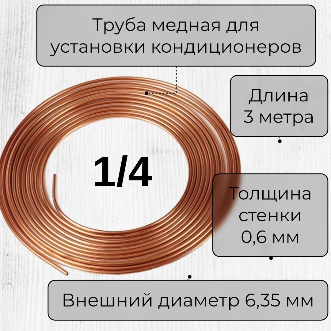 Трубамеднаядлякондиционера1/4отрезок3метра(6,35х0,6х3м)