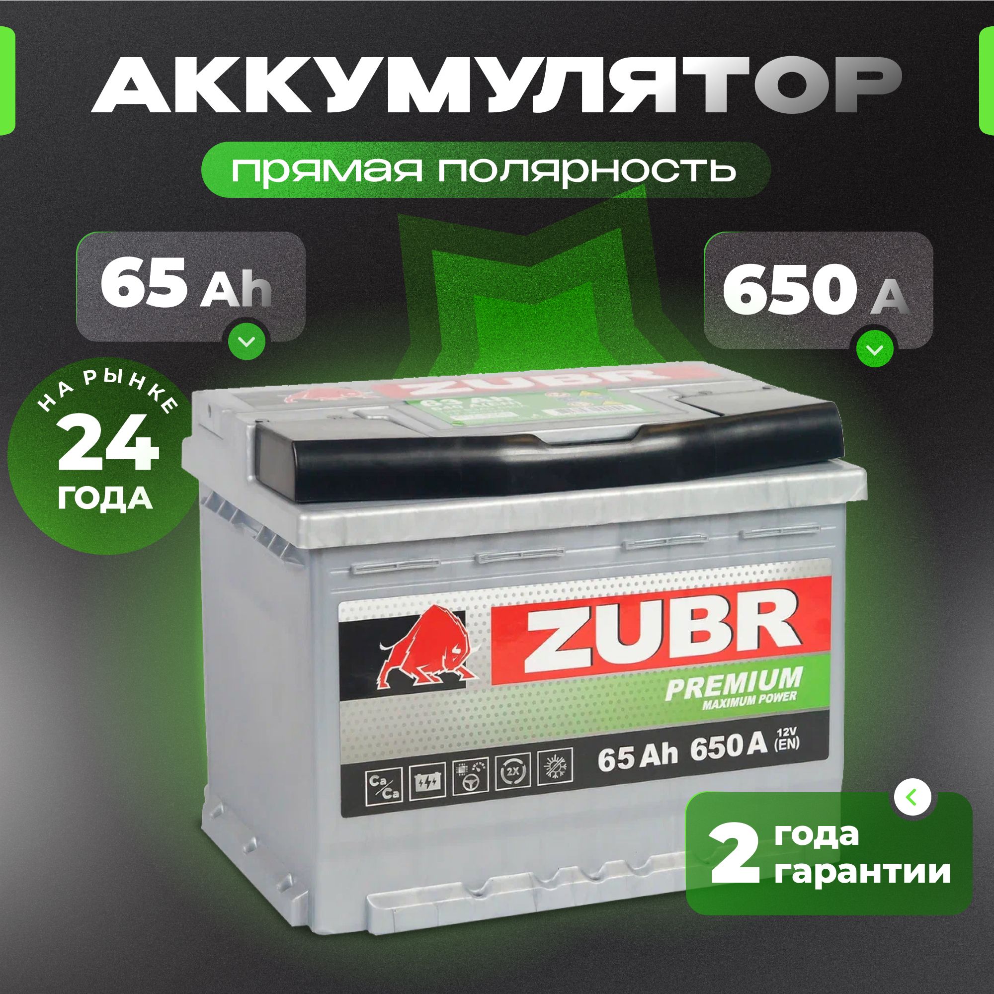 Аккумулятор автомобильный 12v 65 Ah ZUBR Premium 65 Ач 650 А прямая полярность 242x175x175 стартерный акб для автомобиля, машины (низкий)