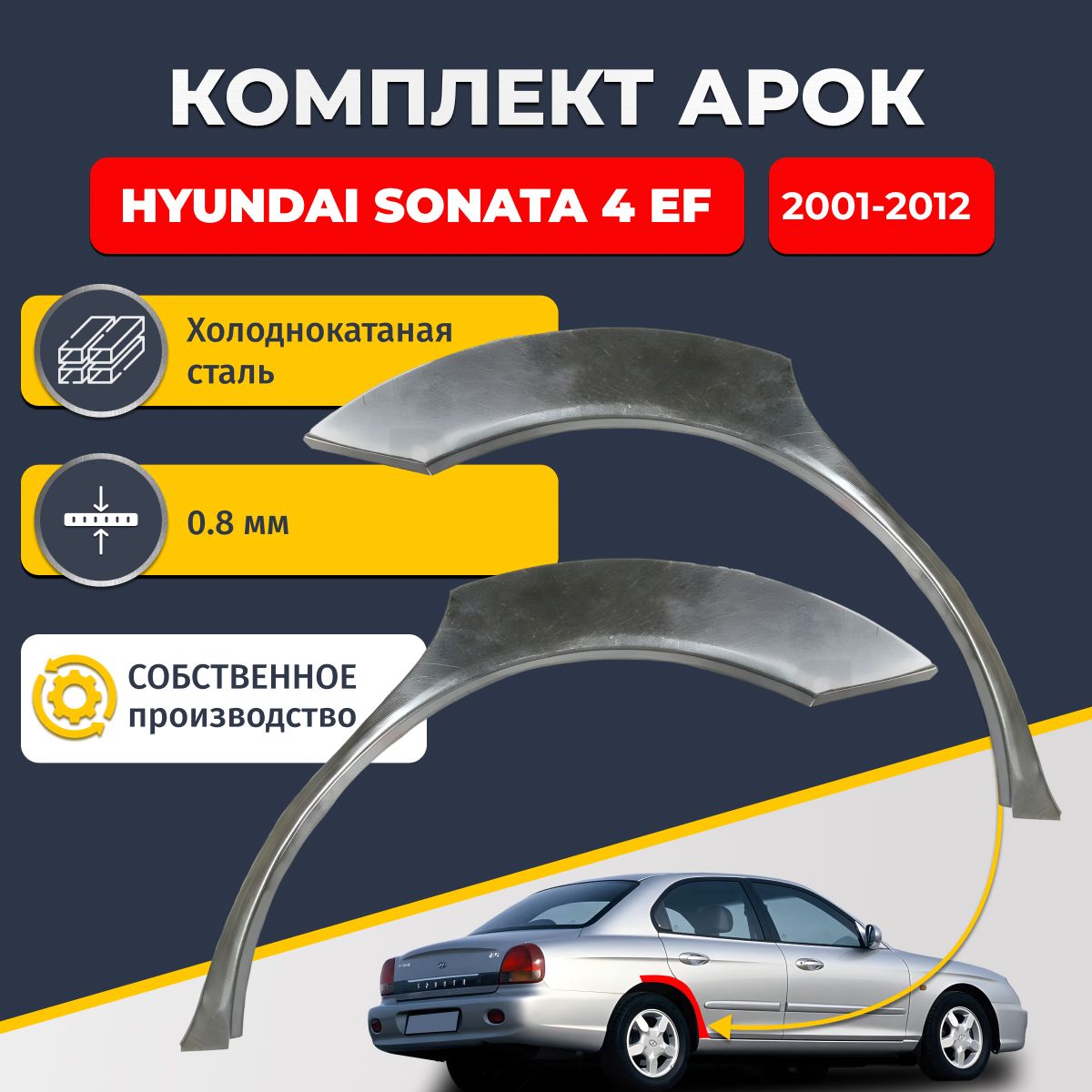 Комплект задних ремонтных арок для автомобиля (2 шт.), Hyundai Sonata 4 EF 2001-2012 седан 4 двери (Хендай Соната 4). Холоднокатаная сталь 0,8мм.