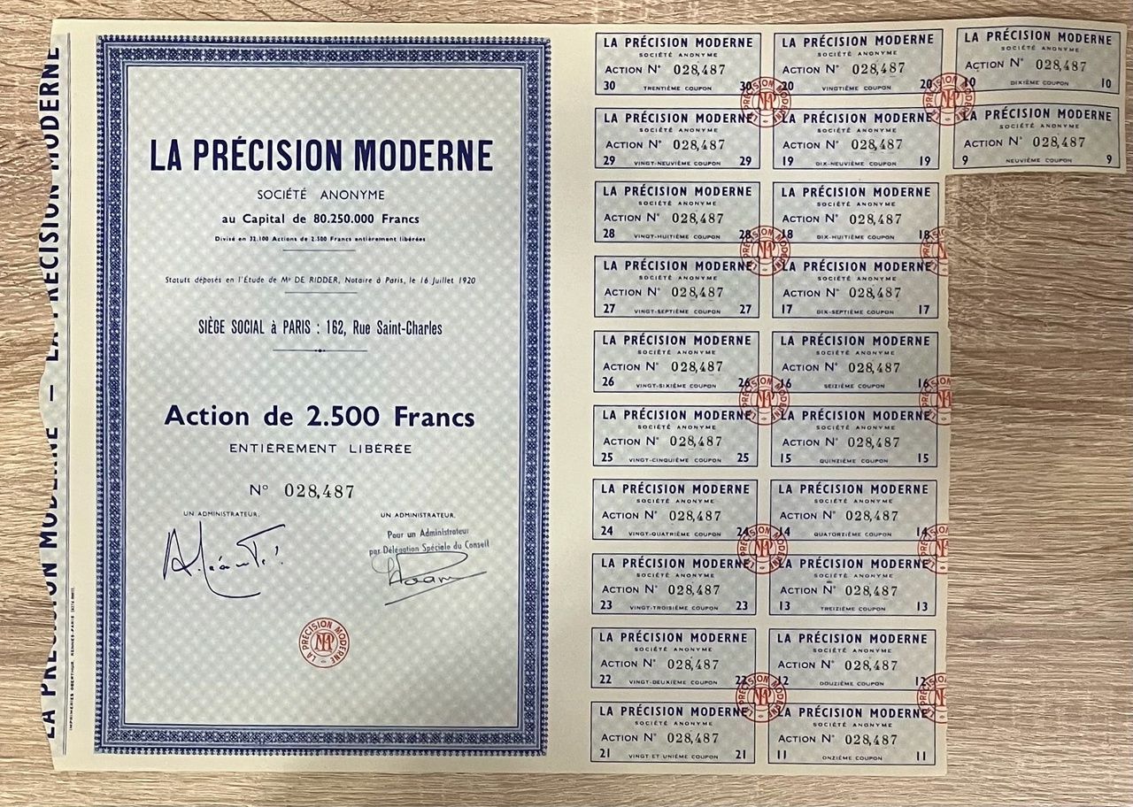 Франция Париж Компания La Precision Moderne Акция на 2500 франков 1920 года