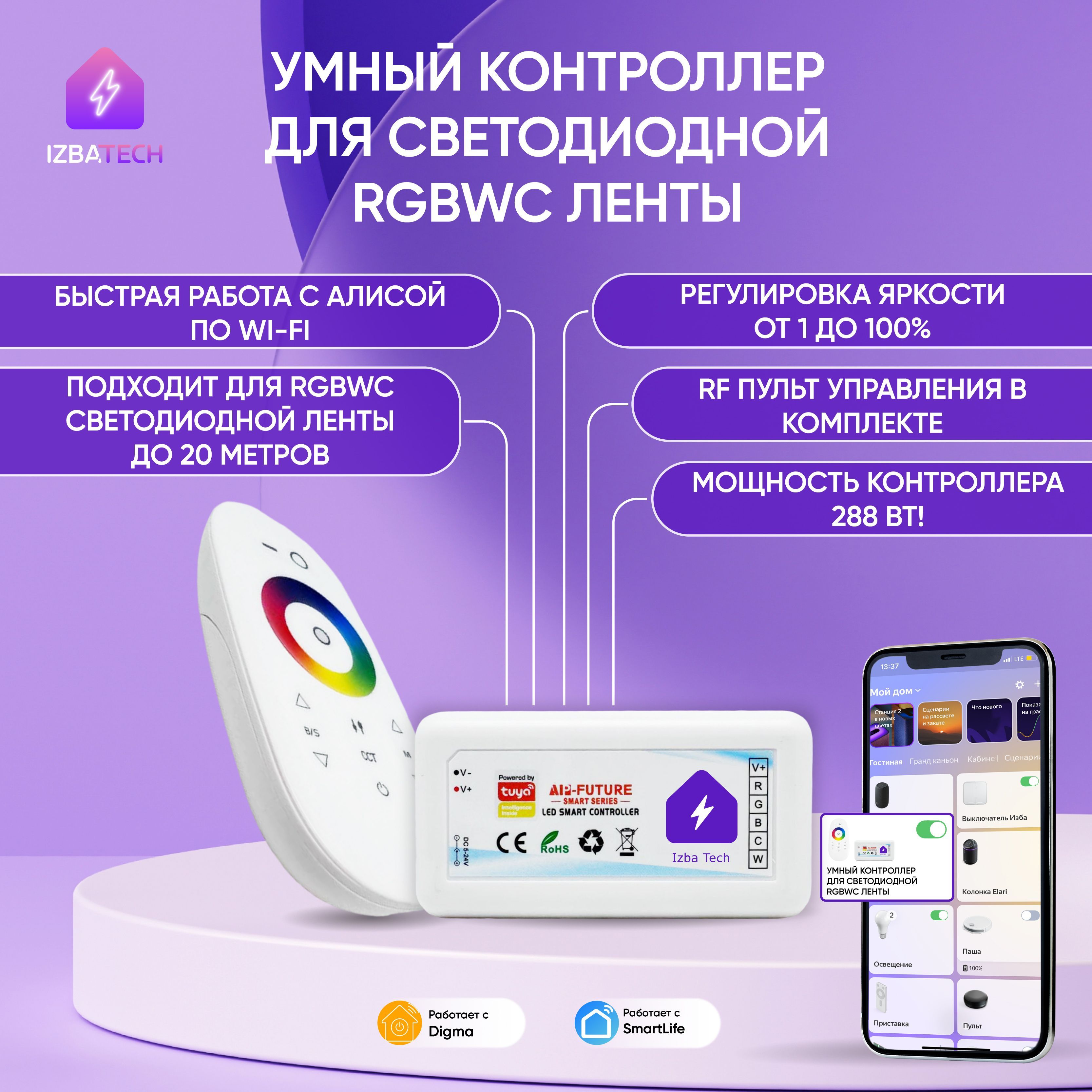 НОВЫЙ Умный мощный WIFI контроллер для RGBWС ленты работает с Алисой