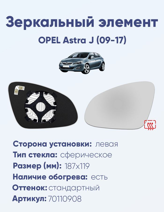 Зеркальный элемент левый OPEL Astra J (09-17) сфера нейтральный с обогревом