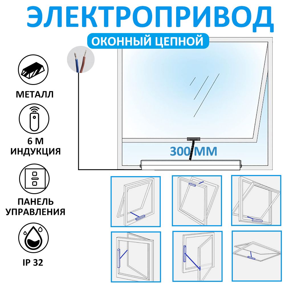 Электропривод оконный цепной, 24В, вынос - 300 мм, с панелью переключателей и пультом дистанционного управления