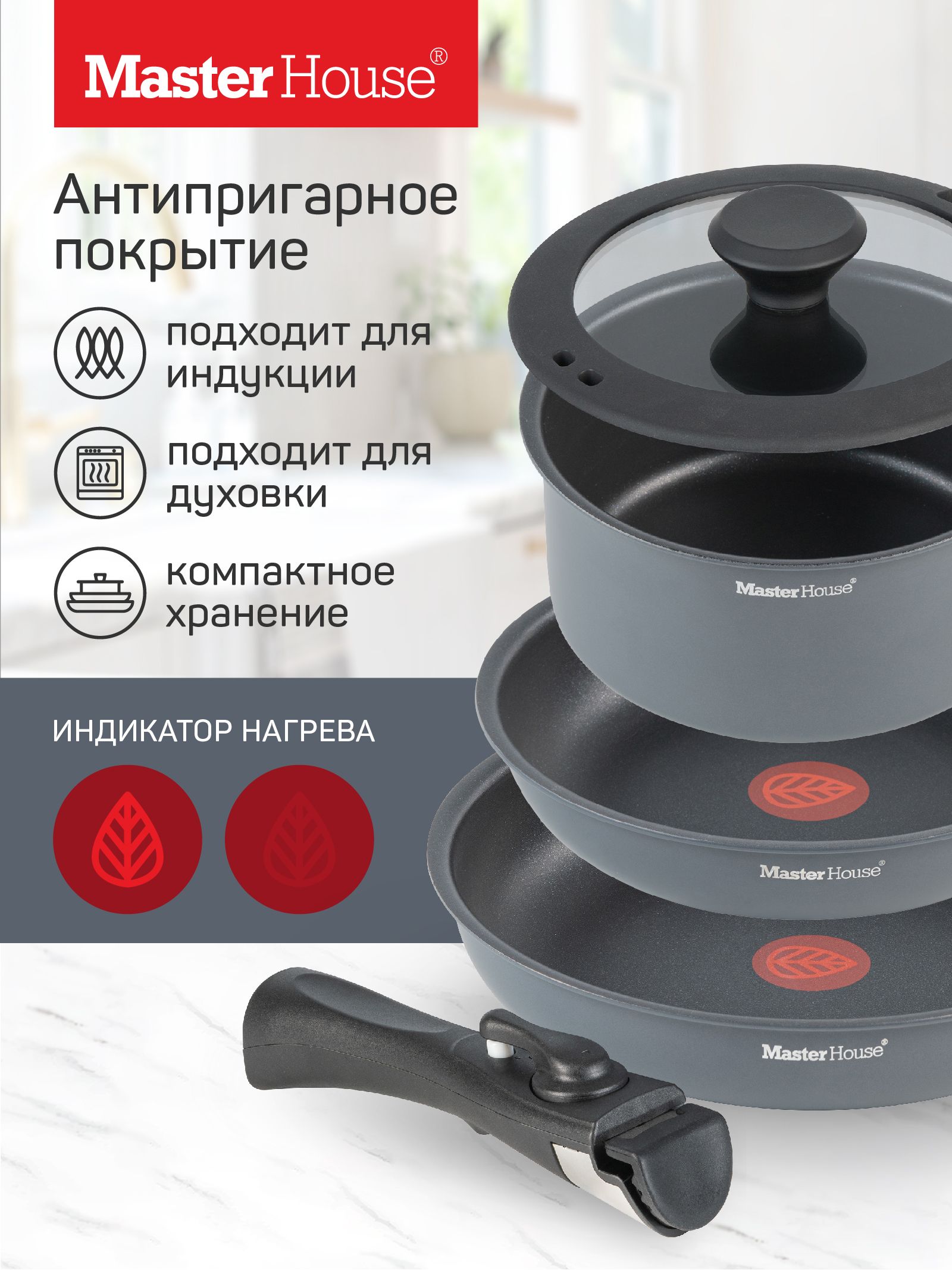 Наборсковородантипригарныхсосъемнойручкойдляиндукции