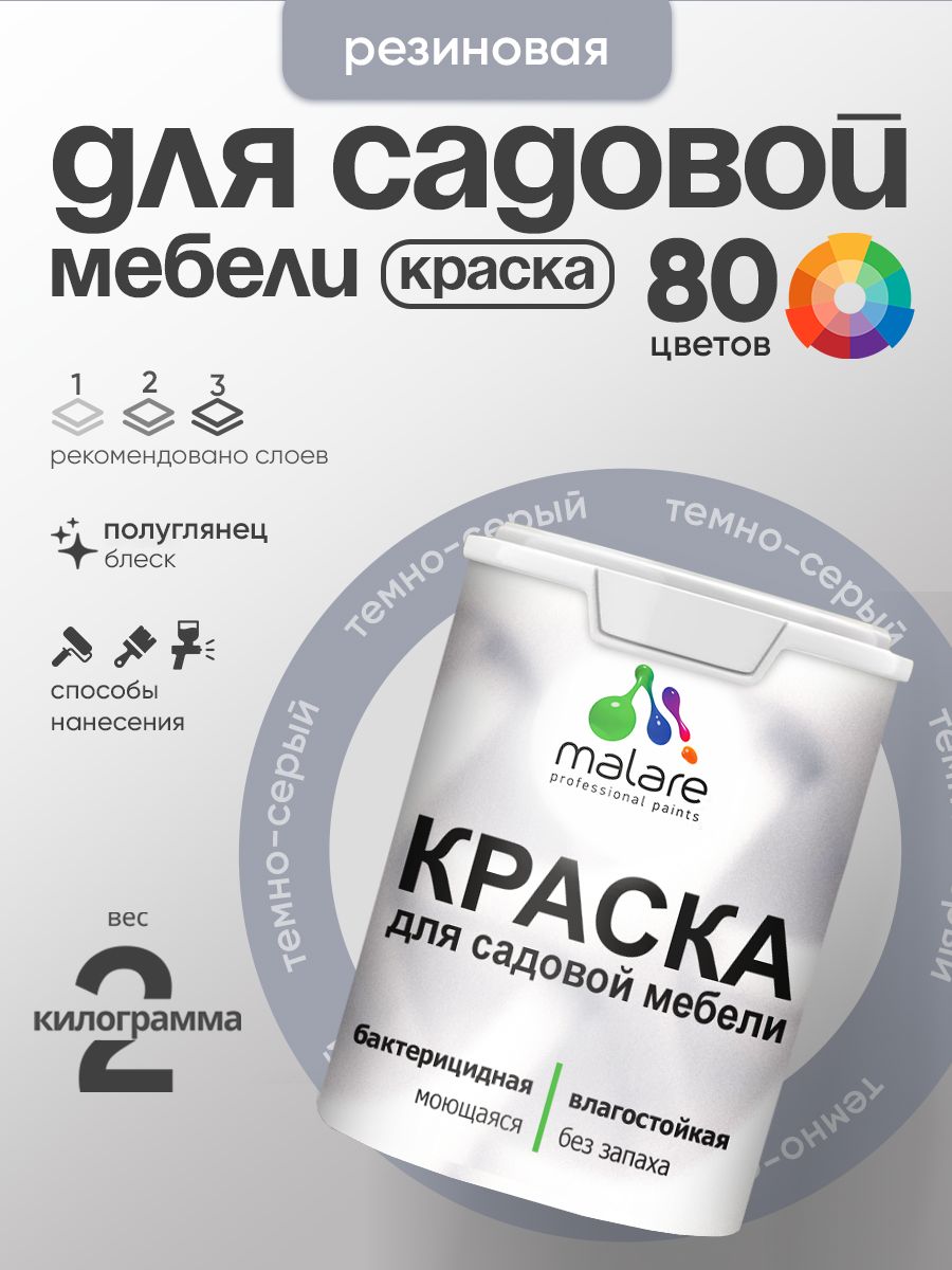 Резиновая краска Malare для садовой мебели/ по дереву, для наружных и внутренних работ/ быстросохнущая моющаяся без запаха полуглянцевая, темно-серый, 2 кг