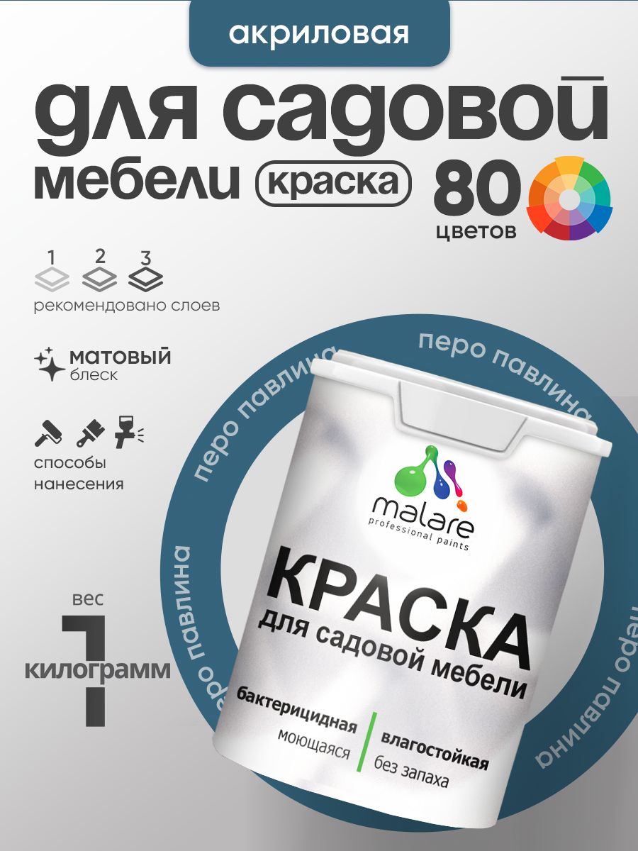 Акриловая краска Malare для садовой мебели/ по дереву, для наружных и внутренних работ/ быстросохнущая моющаяся без запаха матовая, перо павлина, 1 кг