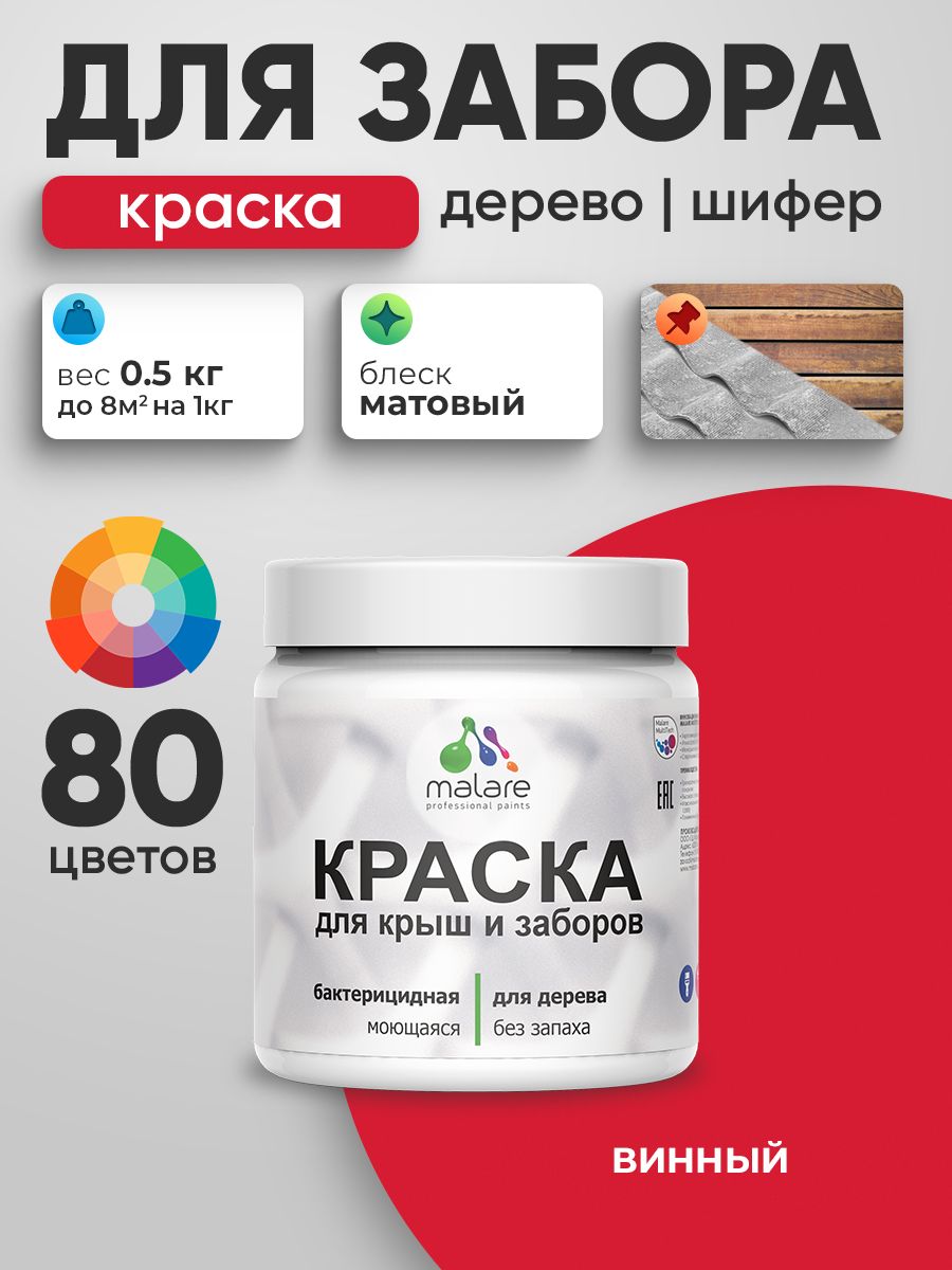 Акриловая краска Malare для деревянного забора/ по дереву для наружных и внутренних работ/ быстросохнущая моющаяся без запаха, матовая, винный бордо, 0.5 кг.