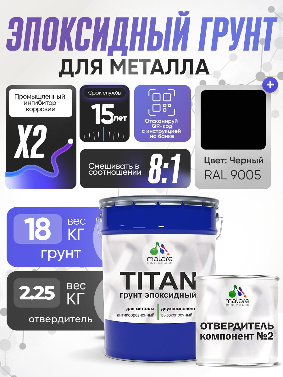2К Грунт эпоксидный для металла TITAN Malare, двухкомпонентная грунтовка антикоррозионная высокопрочная, черный RAL 9005, 18 кг + 2,25 кг отвердитель