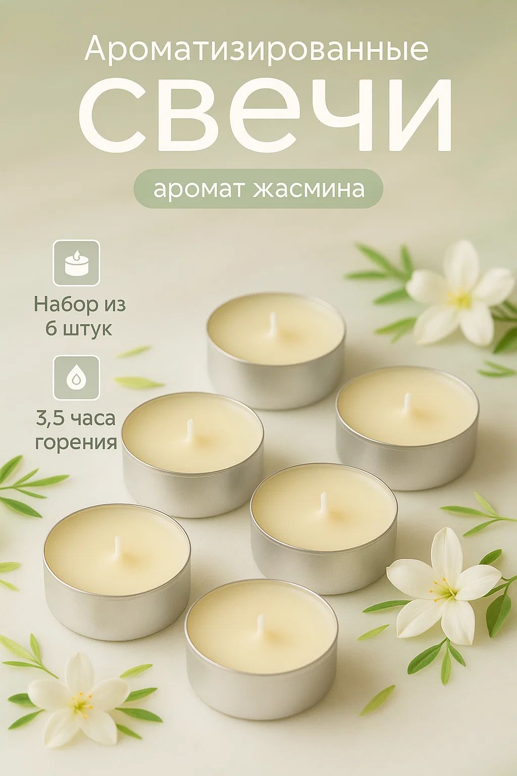 Свечи чайные / 6 шт "Жасмин" ароматические , подарочная упаковка