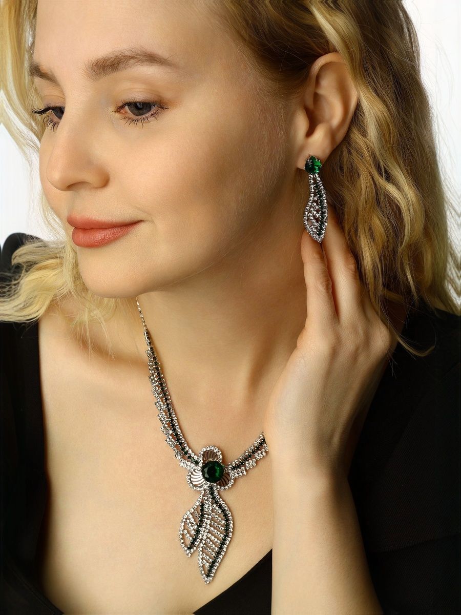 Комплект украшений для женщин, набор 2 предмета: серьги, колье "Феникс", цвет бело-изумрудный в серебре
