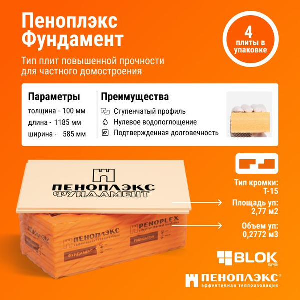 Утеплитель плиты Пеноплэкс Фундамент 1185х585х100мм 4шт/2,77м2/0,2772м3 ...