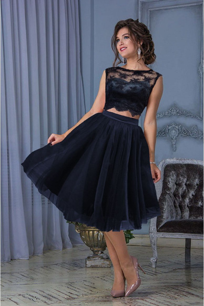 Платье на выпускной бал; вечернее платье; кроп-топ с фатиновой юбкой ...