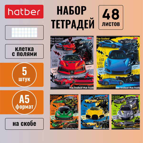 Набор тетрадей 5 штук/5 дизайнов Hatber 48 листов, в клетку на скобе ...