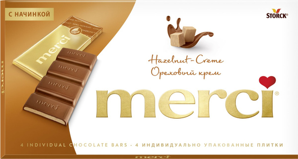 Merci, шоколад молочный с ореховым кремом, произведено в Германии, 112г ...