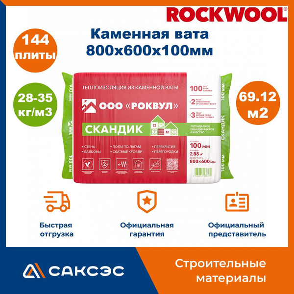 Каменная вата утеплитель Роквул Лайт Баттс Скандик 800х600х100мм, 144 ...