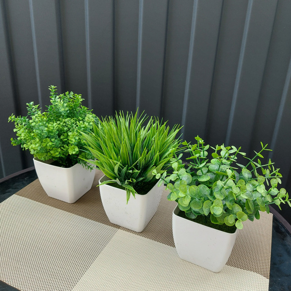 Купить Искусственные цветы зелень в горшке / Набор из 3 штук / Кашпо ...