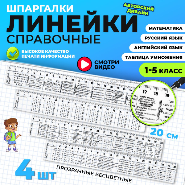 Набор линеек для школы Motrix, линейки шпаргалки пластиковые 20см, 4шт ...