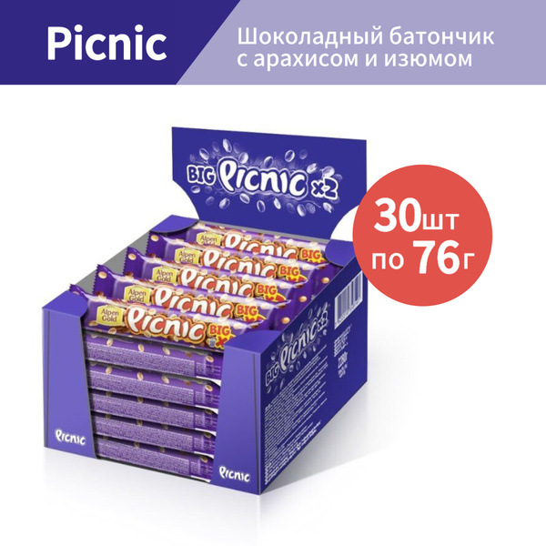 Шоколадный батончик Picnic Big (Пикник) с арахисом и изюмом, 30шт по ...