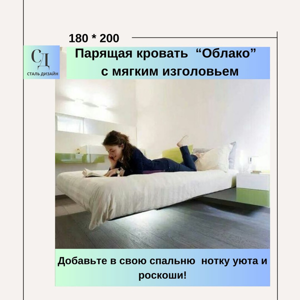 Парящая кровать "Облако" с мягким изголовьем, 4 панели велюр горизонт ...
