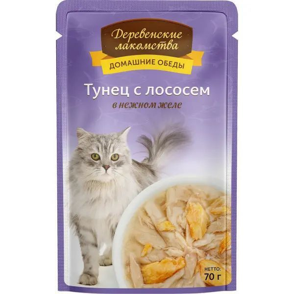 Деревенские лакомства влажный корм для кошек с тунцом и лососем в желе ...
