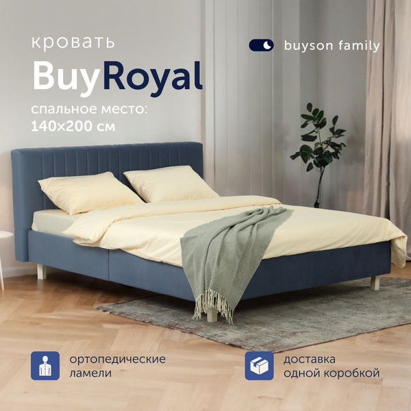 Двуспальная кровать buyson family BuyRoyal 200х140 см, синий микровелюр ...