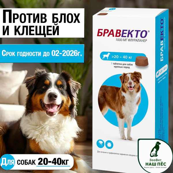 Бравекто таблетка жевательная от клещей и блох для собак весом 20-40 кг ...
