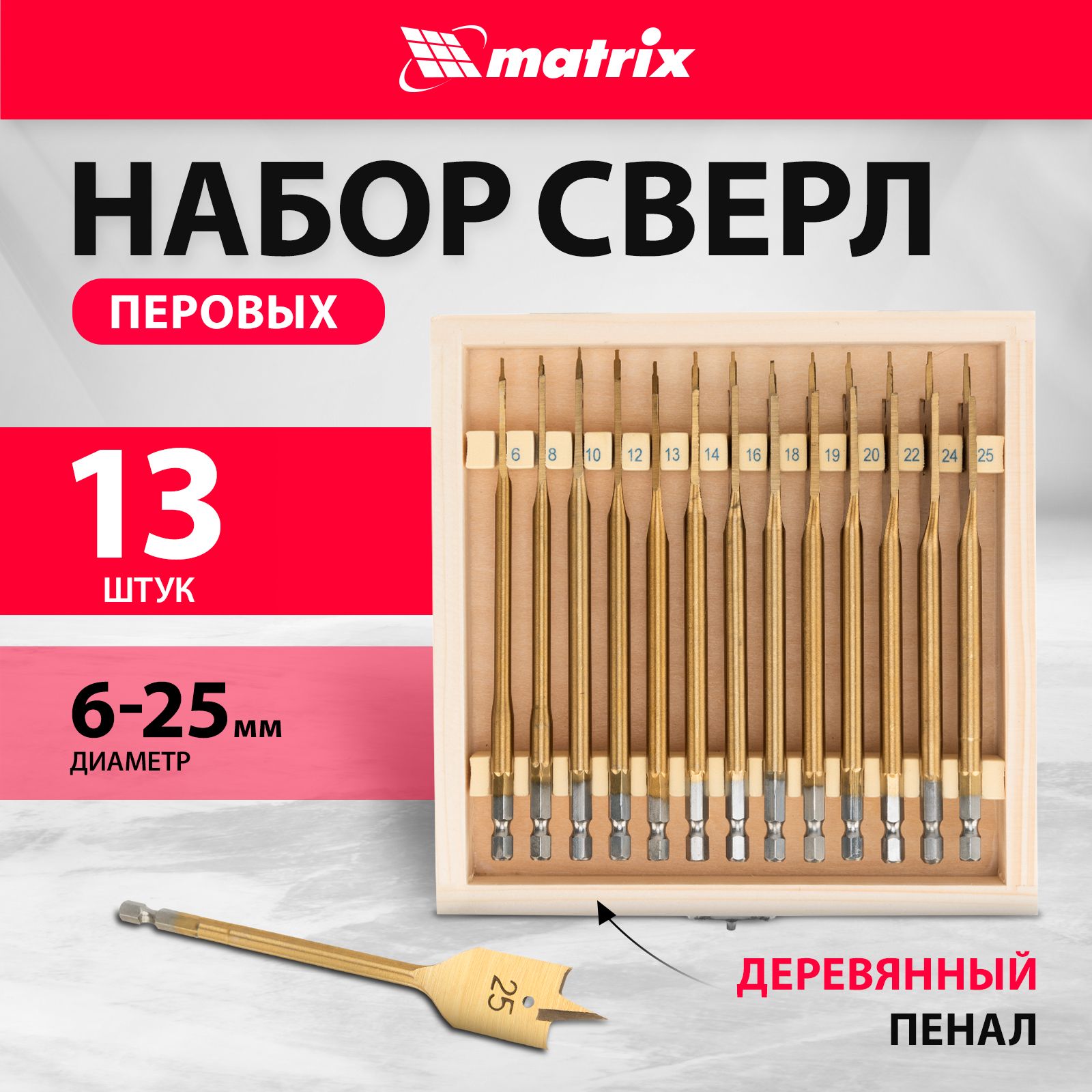 НаборсверлподеревуперьевыхMATRIX,6-25мм,13штук,шестигранныйхвостик,деревянныйКЕЙС,сверлоперовое,70442