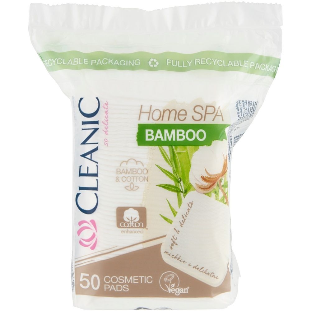 Ватные диски СLEANIC "Home Spa", Bamboo, гигиенические, квадратные, 50 шт (10400111)