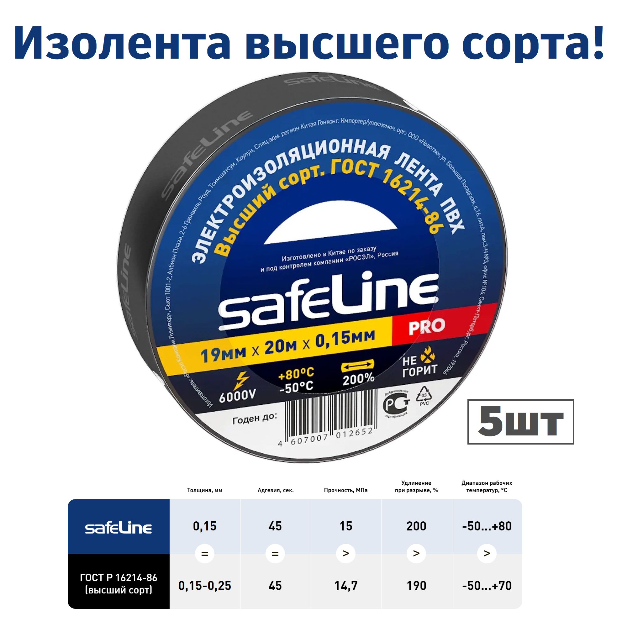 Safeline Изолента 19 мм 20 м 15 мкм, 5 шт.