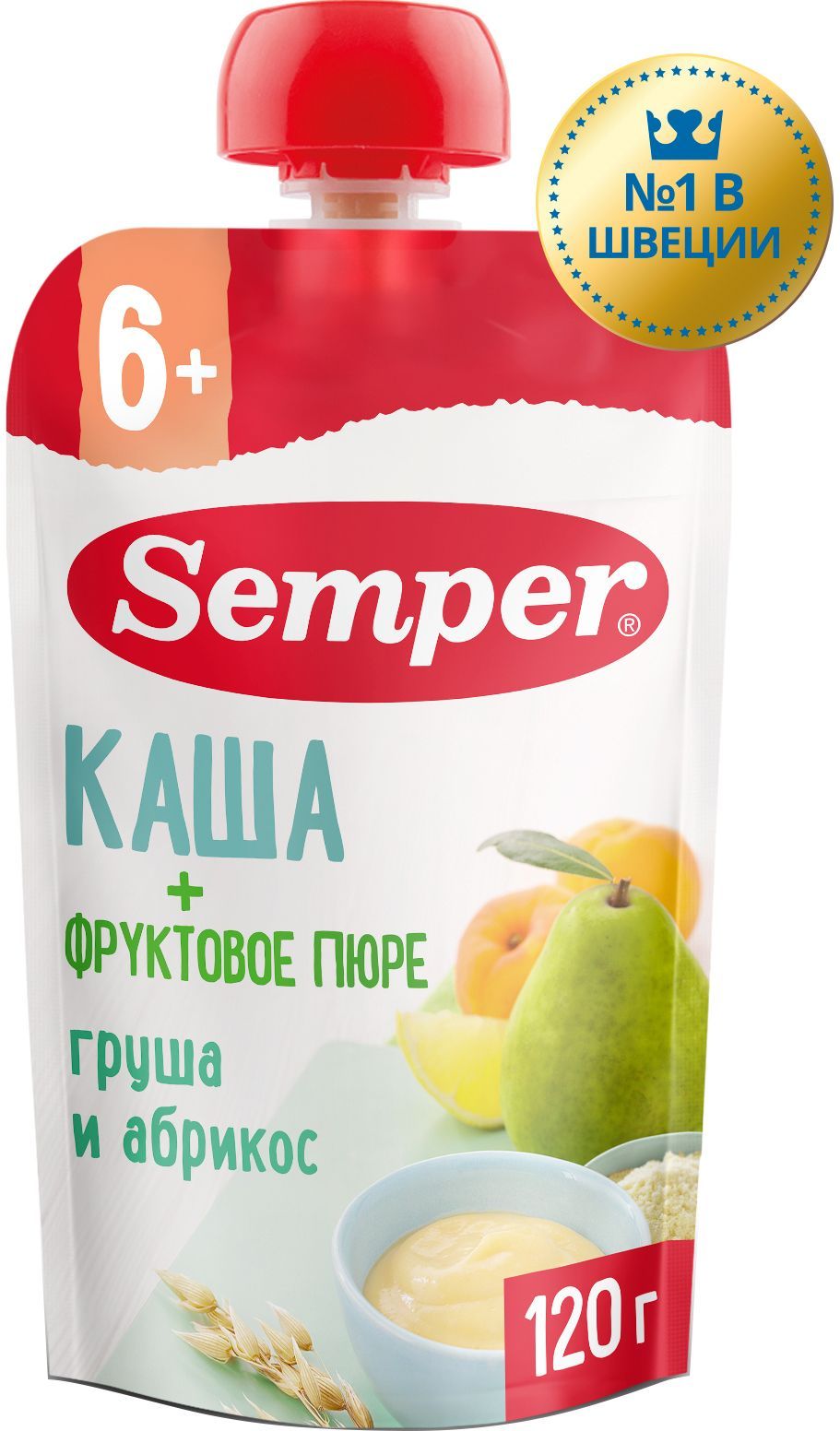 Пюре фруктовое с кашей детское Semper с 6 месяцев, Груша, абрикос, злаки, 120 г