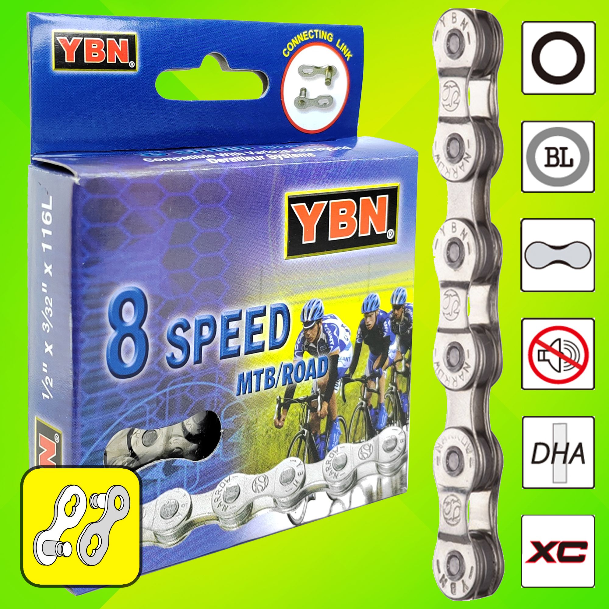 Велосипедная цепь YBN S88-S2, 1/2"x3/32", 116 звеньев, 8 скоростей, замок цепи