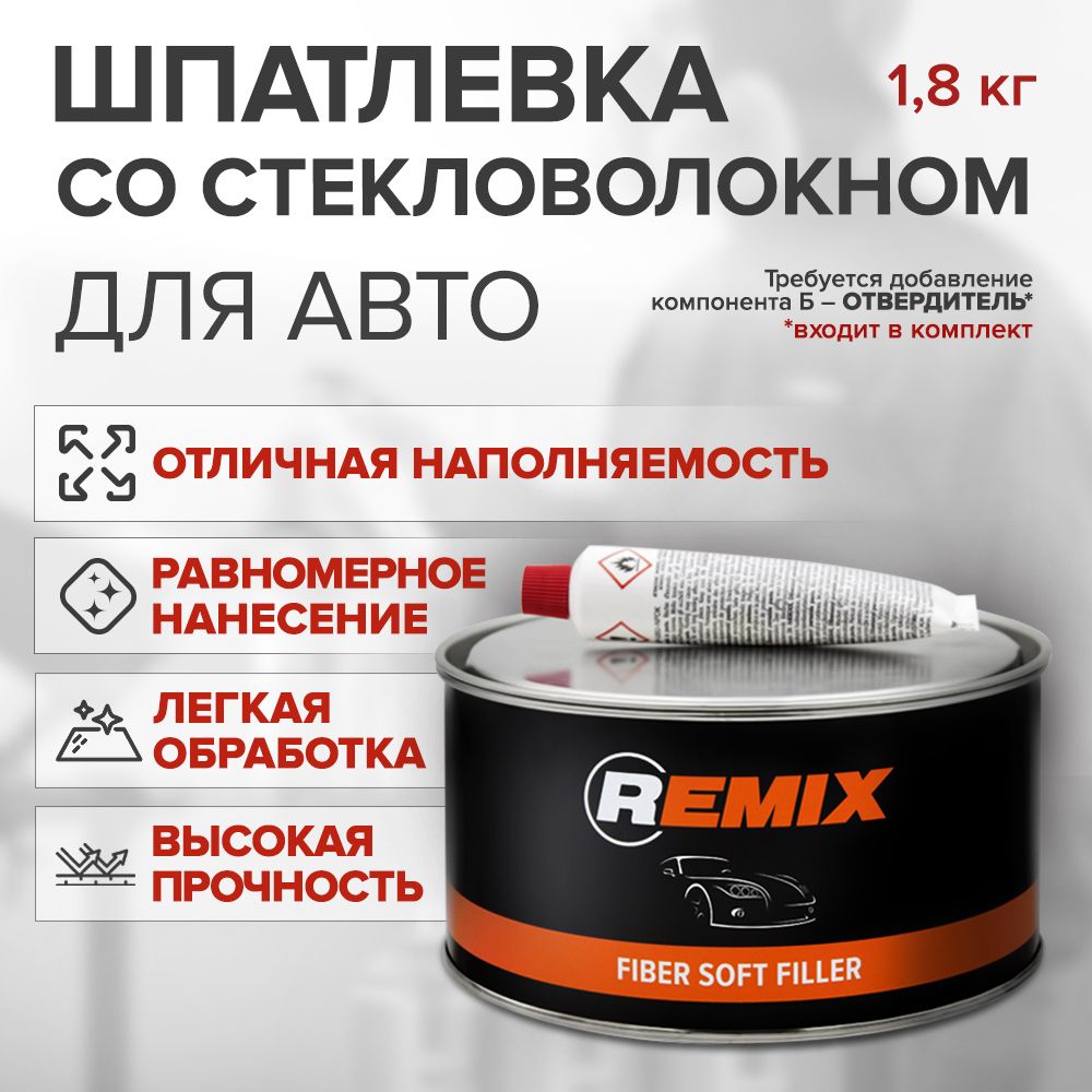 Шпатлевка со стекловолокном для кузова автомобиля REMIX FIBER SOFT FILLER 1,8 кг/ 2К шпатлевка со стекловолокном с отвердителем в комплекте