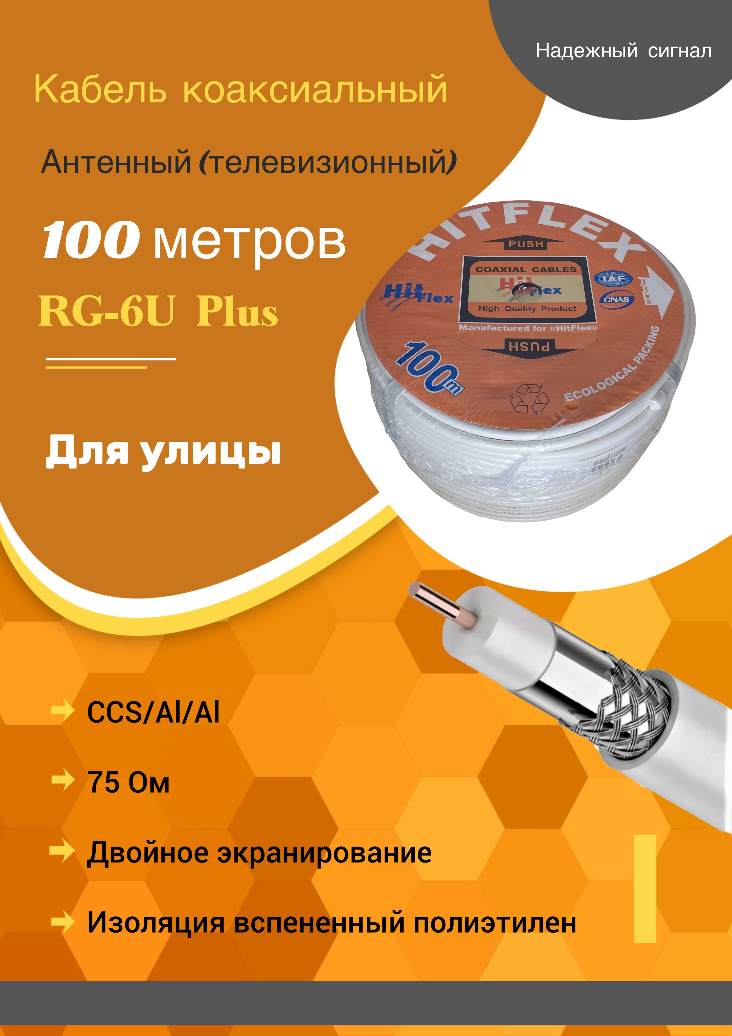 Кабель RG-6U HQ PLUS 75 ОМ, коаксиальный, белый (100М)