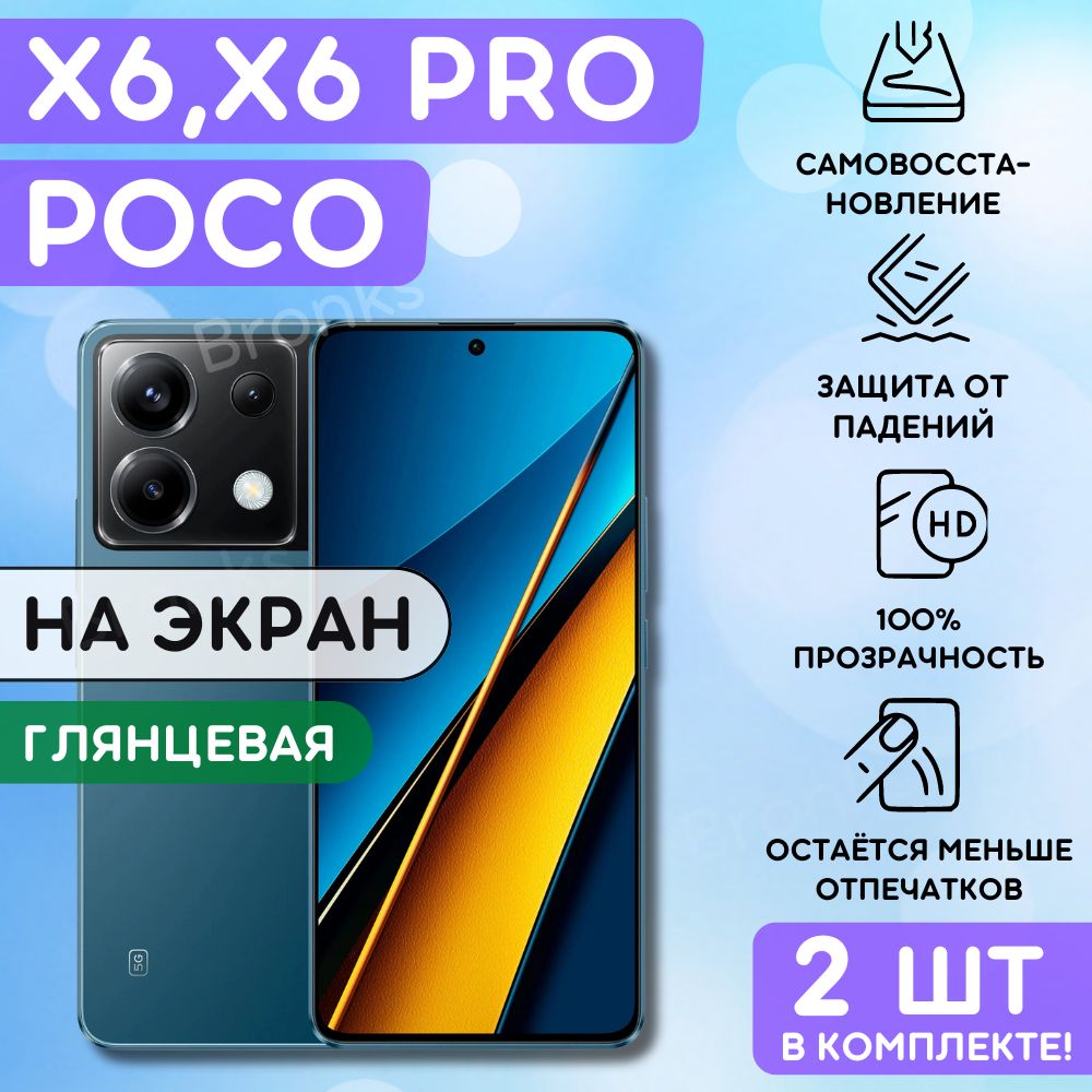 Комплект из 2 шт. Гидрогелевая полиуретановая пленка на Poco X6, Poco X6 Pro, пленка защитная на Поко Икс 6, Икс 6 про, гидрогелиевая противоударная бронеплёнкa на Poco X6, X6 Pro