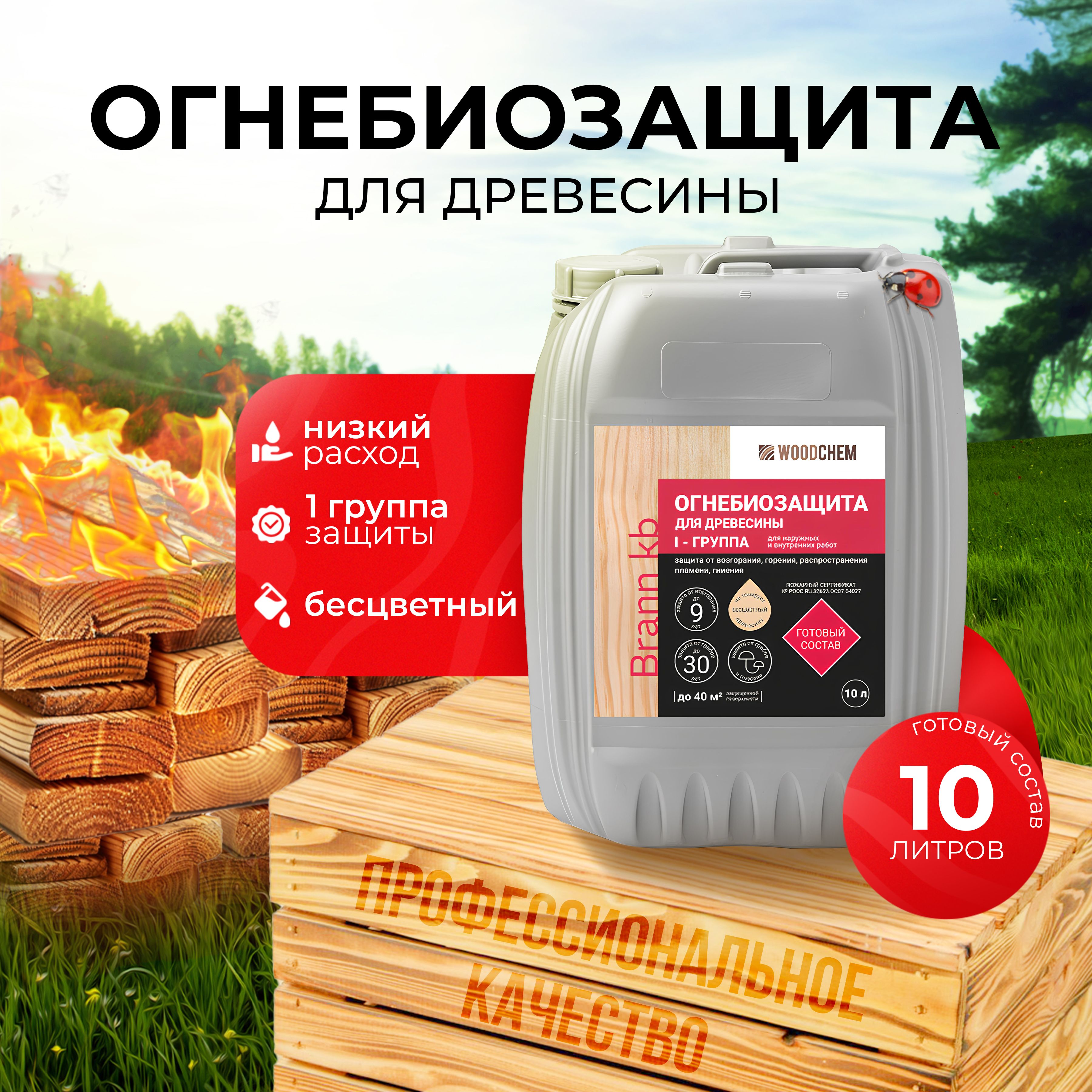 Огнебиозащита - 1 группа (10 л или 10 кг) Бесцветный - WoodChem Brann kb для наружных и внутренних работ - Огнебиозащитный готовый состав первой группы.