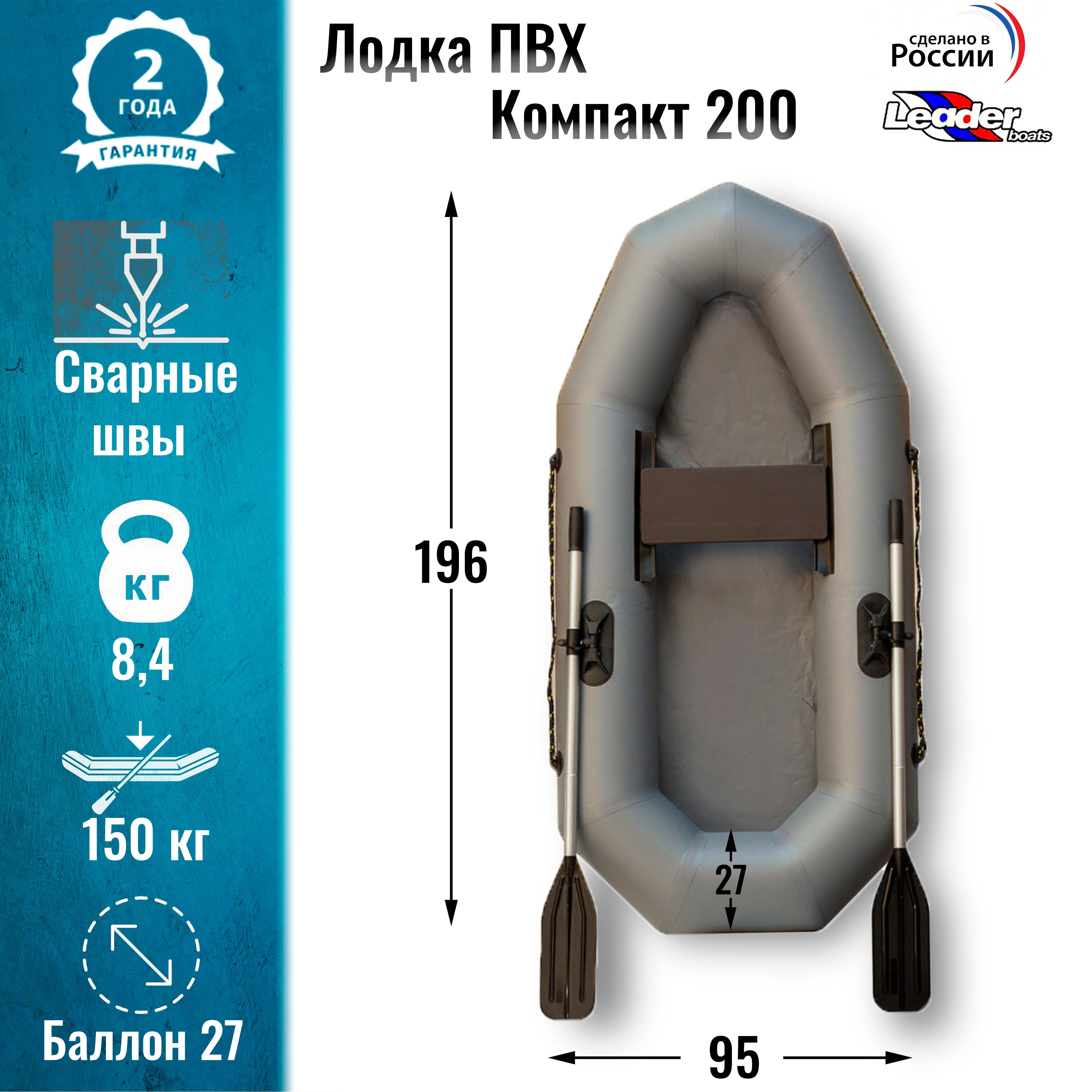 Лодка ПВХ "Компакт-200М" гребная (цвет серый)/Leader boats