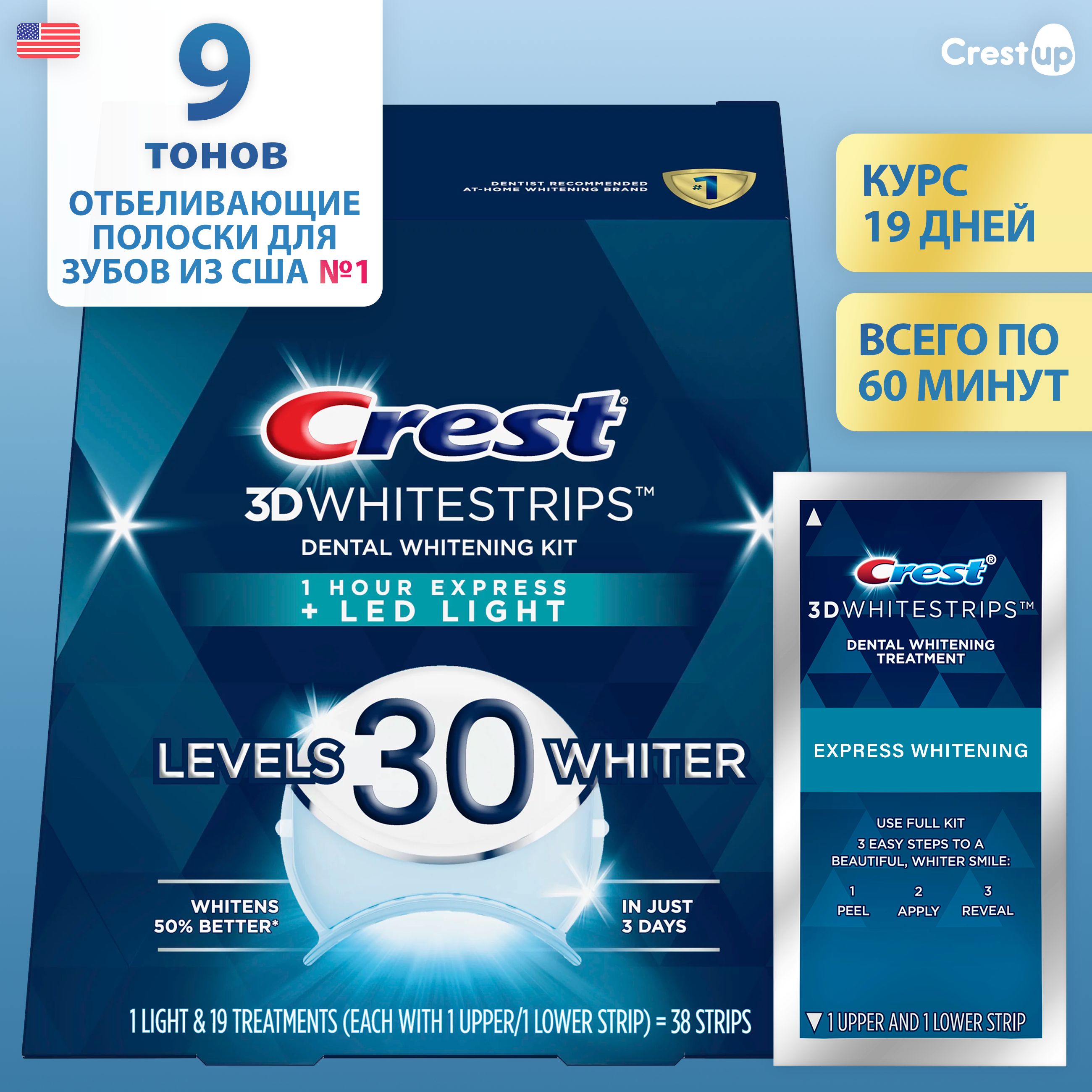 Отбеливающие полоски для зубов Crest 3D Whitestrips 1-Hour Express + LED Light (19 пакетиков + Лед лампа)